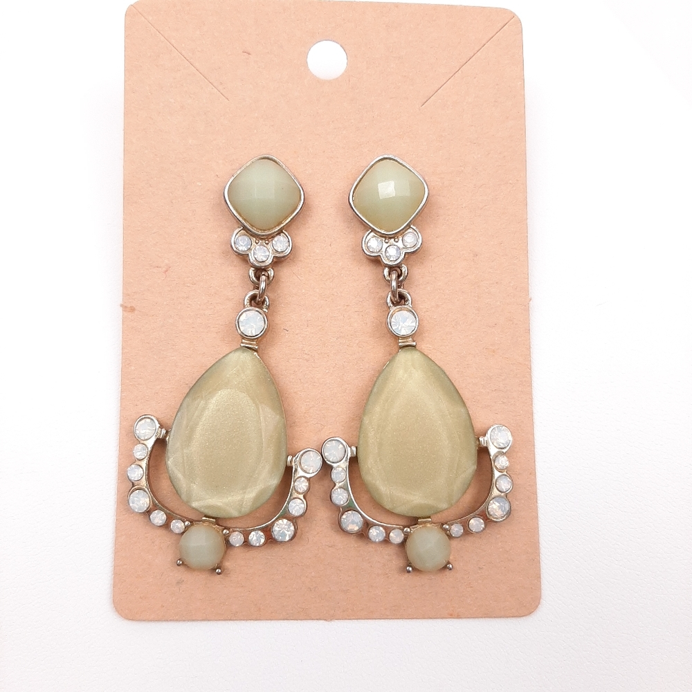 Art Deco Drop Earrings Post Faux Stone and Diamonds Pistachio Green